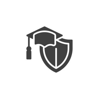 Kalkan vektör ikonlu mezuniyet şapkası. Mobil konsept ve web tasarımı için düz tabela. Sigorta Eğitimi sembol simgesi. Sembol, logo çizimi. Vektör grafikleri