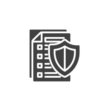 Kalkan vektör simgesi olan kontrol listesi. Mobil konsept ve web tasarımı için düz tabela. Sigorta Koruma Planı sembol simgesi. Sembol, logo çizimi. Vektör grafikleri