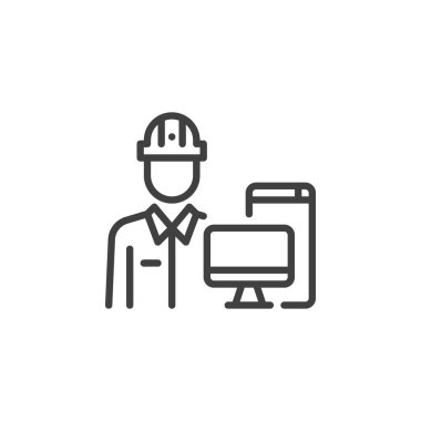 Donanım Mühendisliği çizgisi simgesi. Mobil konsept ve web tasarımı için doğrusal biçim işareti. Bilgisayar ana hatlı vektör simgesi olan kişi. Sembol, logo çizimi. Vektör grafikleri