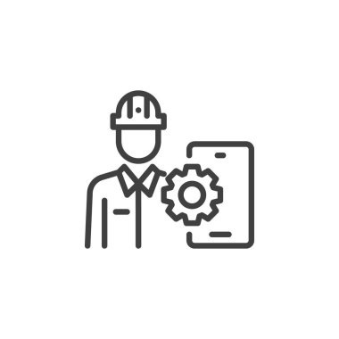 Mobil Uygulama Geliştirici satır simgesi. Mobil konsept ve web tasarımı için doğrusal biçim işareti. Cep telefonu ve ana hat vektör ikonu olan kişi. Sembol, logo çizimi. Vektör grafikleri