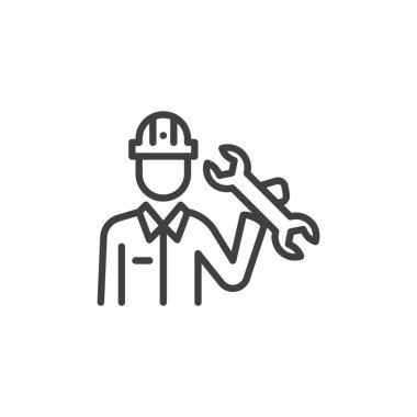 Teknik Destek Uzmanı çizgi simgesi. Mobil konsept ve web tasarımı için doğrusal biçim işareti. İngiliz anahtarı çizgili vektör ikonu olan kişi. Sembol, logo çizimi. Vektör grafikleri