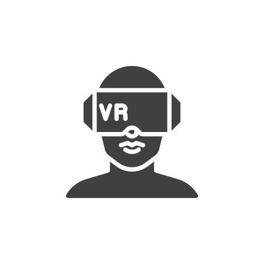 Sanal gerçeklik kulaklık vektör simgesi. Mobil konsept ve web tasarımı için düz tabela. VR gözlük simgesi takan kişi. Sembol, logo çizimi. Vektör grafikleri