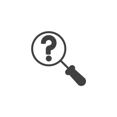 Soru işareti ikonu olan büyüteç. Mobil konsept ve web tasarımı için düz tabela. Sorun tanımlama simgesi tanımlaması. Sembol, logo çizimi. Vektör grafikleri