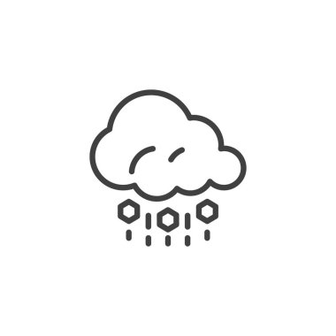 Selamlama hattı simgesi. Mobil konsept ve web tasarımı için doğrusal biçim işareti. Dolu taşları bulut anahat vektör simgesinden düşüyor. Dolu fırtınası sembolü, logo çizimi. Vektör grafikleri