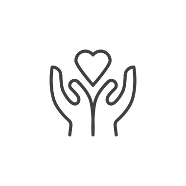 Kalp çizgisi simgesi veriyorum. Mobil konsept ve web tasarımı için doğrusal biçim işareti. Eller ve kalp çizgileri vektör ikonu. Yardım sembolü, logo illüstrasyonu. Vektör grafikleri