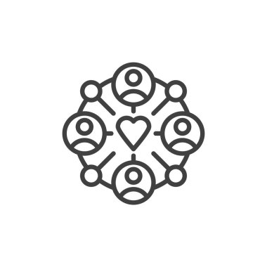 Gönüllü Ağ çizgi simgesi. Mobil konsept ve web tasarımı için doğrusal biçim işareti. Birbirine bağlı insanlar vektör simgesini çiziyor. Gönüllüler birlikte sembol, logo çizimi. Vektör grafikleri