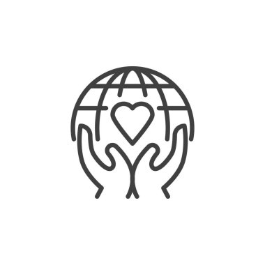 Çevresel bakım çizgisi ikonu. Mobil konsept ve web tasarımı için doğrusal biçim işareti. Kalp ve dünya ana hatları olan eller vektör ikonu. Gezegen sembolünü, logo illüstrasyonunu kaydet. Vektör grafikleri