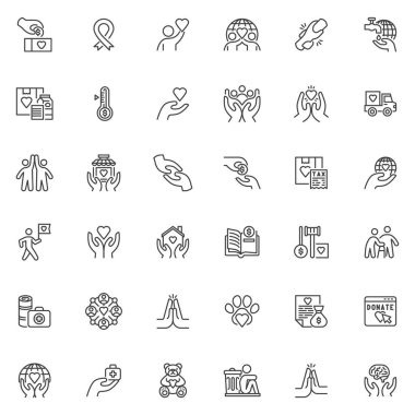 Yardım hattı simgeleri ayarlandı. Doğrusal biçim sembolleri koleksiyonu, ana tabela işaretleri paketi. Sadaka ve bağış vektör grafikleri. Gönüllü olarak simgeleri, bağış kutusunu, yardım elini, hayırseverliği içerir