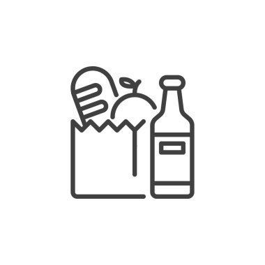 Market ürünleri çizgisi simgesi. Mobil konsept ve web tasarımı için doğrusal biçim işareti. Yemek çantası ve şişe taslağı vektör ikonu. Yiyecek ve içecek sembolü, logo çizimi. Vektör grafikleri