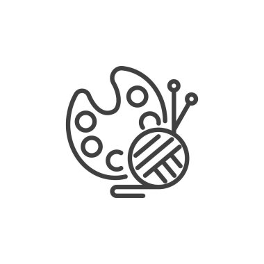 Sanat ve El Sanatları ikonu. Mobil konsept ve web tasarımı için doğrusal biçim işareti. Palet boyası ve örgü yumağı çizgisi vektör simgesi. Sembol, logo çizimi. Vektör grafikleri