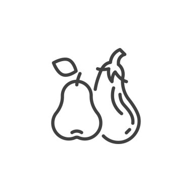 Taze meyve ve sebze çizgisi ikonu. Mobil konsept ve web tasarımı için doğrusal biçim işareti. Armut ve patlıcan ana hatlı vektör simgesi. Sembol, logo çizimi. Vektör grafikleri