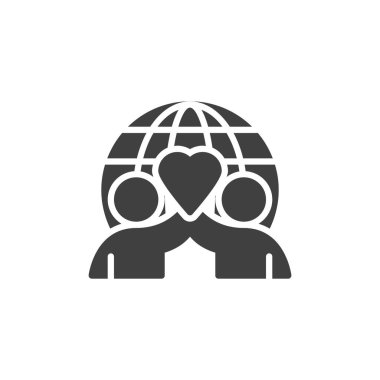 Kalp ve küre vektör ikonu olan iki kişi. Mobil konsept ve web tasarımı için düz tabela. Charity Partnership sembolü. Gönüllü sembolü, logo çizimi. Vektör grafikleri