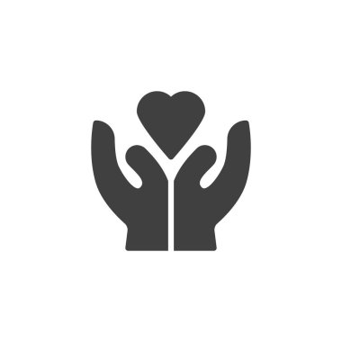 Eller ve kalp vektör simgesi. Mobil konsept ve web tasarımı için düz tabela. Kalp sembolü veriliyor. Yardım sembolü, logo illüstrasyonu. Vektör grafikleri