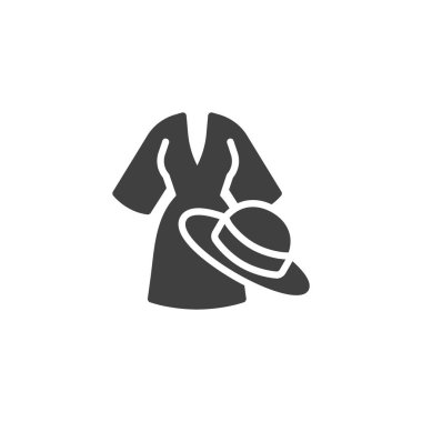 Kadınlar giyinir ve şapka vektör ikonu olur. Mobil konsept ve web tasarımı için düz tabela. Moda aksesuarları simgesi. Kıyafet ve aksesuar sembolü, logo illüstrasyonu. Vektör grafikleri