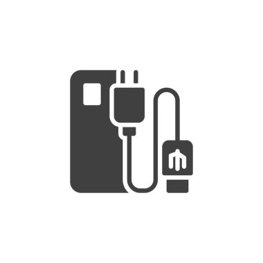 Telefon şarj aletleri, kablolar ve vektör ikonu. Mobil konsept ve web tasarımı için düz tabela. Elektronik aksesuar simgesi. Sembol, logo çizimi. Vektör grafikleri