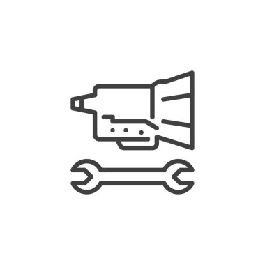 Araba Aktarım Hattı simgesi. Mobil konsept ve web tasarımı için doğrusal biçim işareti. Vites kutusu veya iletim sistemi ana hatları vektör simgesi. Sembol, logo çizimi. Vektör grafikleri