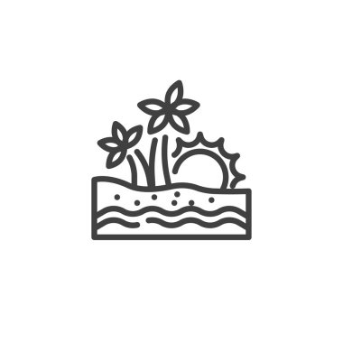 Plaj Tatil Hattı ikonu. Mobil konsept ve web tasarımı için doğrusal biçim işareti. Güneş ve palmiye ağaçları olan sahil vektör ikonu. Sembol, logo çizimi. Vektör grafikleri