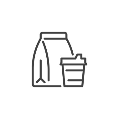 Kahve dağıtım hattı ikonu. Mobil konsept ve web tasarımı için doğrusal biçim işareti. Yemek poşeti ve kahve fincanı vektör ikonu. Sembol, logo çizimi. Vektör grafikleri