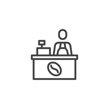 Kahve dükkanı tezgahı ikonu. Mobil konsept ve web tasarımı için doğrusal biçim işareti. Kahve büfesindeki barista vektör ikonu. Sembol, logo çizimi. Vektör grafikleri