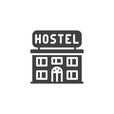 Hostel vektör simgesi. Mobil konsept ve web tasarımı için düz tabela. Yurt binası sembolü. Bütçe konaklama sembolü, logo illüstrasyonu. Vektör grafikleri
