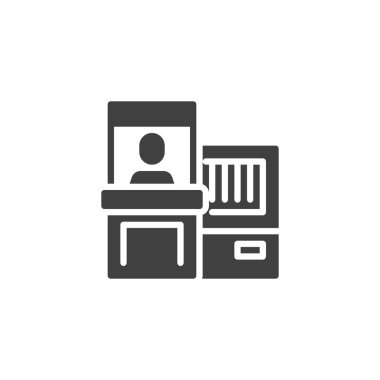 Havaalanı check-in Counter vektör simgesi. Mobil konsept ve web tasarımı için düz tabela. Havaalanı giriş kapısı simgesi. Sembol, logo çizimi. Vektör grafikleri