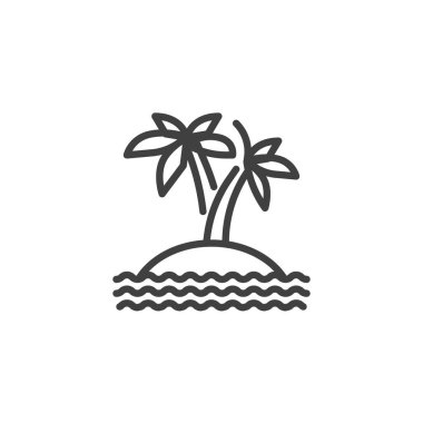 Tropikal Ada çizgi ikonu. Mobil konsept ve web tasarımı için doğrusal biçim işareti. Palmiye ağaçları ve deniz dalgaları olan ada vektör ikonu. Sembol, logo çizimi. Vektör grafikleri