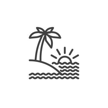 Tropik plaj günbatımı çizgisi ikonu. Mobil konsept ve web tasarımı için doğrusal biçim işareti. Palmiye ağacı, deniz dalgaları ve güneş çizgisi vektör simgesi. Sembol, logo çizimi. Vektör grafikleri