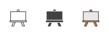 Easel, branda farklı stil simgesi seti. Çizgi, kabartma ve doldurulmuş renkli versiyon, ana hatlar ve doldurulmuş vektör işareti. Sembol, logo çizimi. Vektör grafikleri
