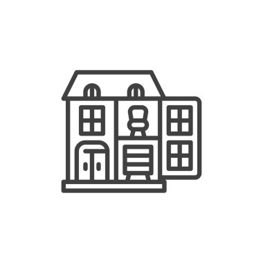 Oyuncak ev oyuncağı çizgisi ikonu. Mobil konsept ve web tasarımı için doğrusal biçim işareti. Minyatür ev taslağı vektör ikonu. Sembol, logo çizimi. Vektör grafikleri