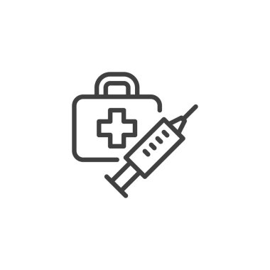 Oyuncak Doktor Kit çizgi simgesi. Mobil konsept ve web tasarımı için doğrusal biçim işareti. İlk yardım çantası ve şırınga ana hatlı vektör simgesi. Sembol, logo çizimi. Vektör grafikleri