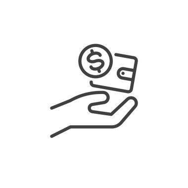 Para İdaresi çizgi simgesi. Mobil konsept ve web tasarımı için doğrusal biçim işareti. El ele tutuşan cüzdan taslak vektör simgesi. Mali planlama sembolü, logo çizimi. Vektör grafikleri