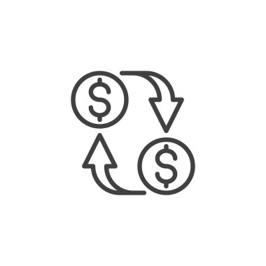 Para aktarım hattı simgesi. Mobil konsept ve web tasarımı için doğrusal biçim işareti. Dolar sikkeleri ve oklar vektör simgesini çiziyor. Para birimi dönüşüm sembolü, logo illüstrasyonu. Vektör grafikleri