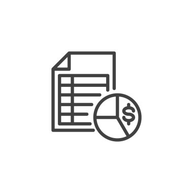 Bütçe Planlama çizgi simgesi. Mobil konsept ve web tasarımı için doğrusal biçim işareti. Turta grafiği ve ana vektör simgesi raporu. Mali planlama sembolü, logo çizimi. Vektör grafikleri