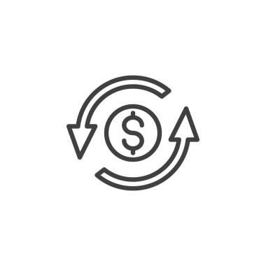 Cash Flow çizgi simgesi. Mobil konsept ve web tasarımı için doğrusal biçim işareti. Paranın etrafındaki oklar vektör simgesini çiziyor. Para transferi sembolü, logo çizimi. Vektör grafikleri
