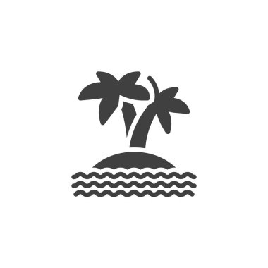 Palmiye ağaçları ve deniz dalgaları vektör ikonu olan bir ada. Mobil konsept ve web tasarımı için düz tabela. Tropik ada sembolü. Sembol, logo çizimi. Vektör grafikleri