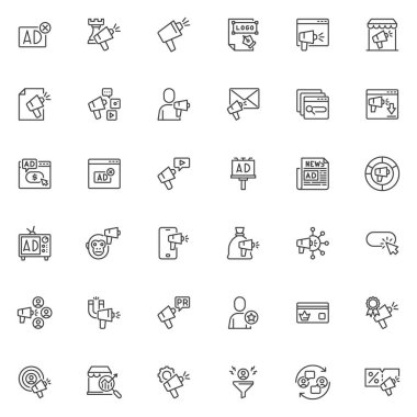 Reklam çizgisi simgeleri ayarlandı. Doğrusal biçim sembolleri koleksiyonu, ana tabela işaretleri paketi. Dijital pazarlama vektör grafikleri. Set, marka geliştirme, sosyal medya, çevrimiçi reklamcılık olarak simgeleri içerir