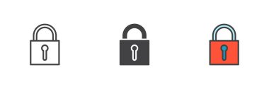 Asma kilit farklı biçim simgesi seti. Çizgi, kabartma ve doldurulmuş renkli versiyon, ana hatlar ve doldurulmuş vektör işareti. Kilit sembolü, logo illüstrasyonu. Vektör grafikleri