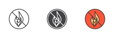 Farklı bir stil simgesi seti yok. Çizgi, kabartma ve doldurulmuş renkli versiyon, ana hatlar ve doldurulmuş vektör işareti. Ateş sembolünü, logo illüstrasyonunu durdurun. Vektör grafikleri