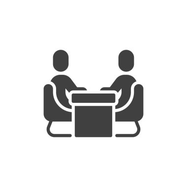 İş adamları masa vektörü ikonunda oturuyor. Mobil konsept ve web tasarımı için düz tabela. İş Buluşma Sembolü. İş görüşmesi sembolü, logo çizimi. Vektör grafikleri