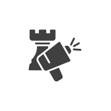 Reklam ve vektör simgesi tanıtımı. Satranç ve megafon mobil konsept ve web tasarımı için düz tabela doldurdu. Pazarlama Stratejisi sembolü. Sembol, logo çizimi. Vektör grafikleri