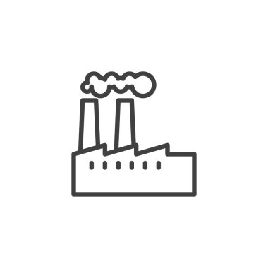 Boru hattı simgesinden duman çıkan bir fabrika. Mobil konsept ve web tasarımı için doğrusal biçim işareti. Endüstriyel bitki taslak vektör simgesi. Sembol, logo çizimi. Vektör grafikleri