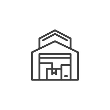 Depo ve depolama hattı ikonu. Mobil konsept ve web tasarımı için doğrusal biçim işareti. Büyük depo ana hatları vektör ikonu. Sembol, logo çizimi. Vektör grafikleri