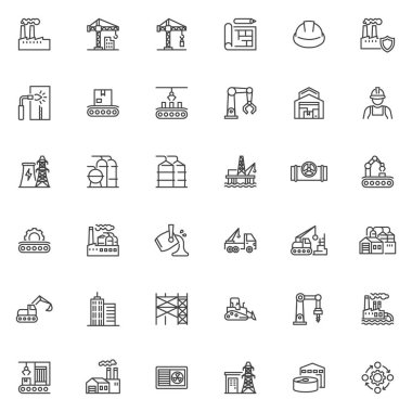 Sanayi ve inşaat çizgisi simgeleri ayarlandı. Doğrusal biçim sembolleri koleksiyonu, ana tabela işaretleri paketi. Sanayi üretim vektör grafikleri. Set simgeleri inşaat alanı, fabrika, taşıyıcı bant olarak içerir
