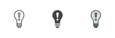Ünlem işareti olan ampul farklı biçim simgesi seti. Çizgi, kabartma ve doldurulmuş renkli versiyon, ana hatlar ve doldurulmuş vektör işareti. Fikir lambası sembolü, logo illüstrasyonu. Vektör grafikleri