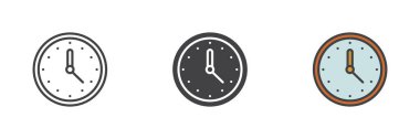 Saat zamanı farklı biçim simgesi seti. Çizgi, kabartma ve doldurulmuş renkli versiyon, ana hatlar ve doldurulmuş vektör işareti. Sembol, logo çizimi. Vektör grafikleri