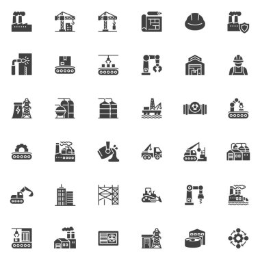 Endüstriyel üretim vektör simgeleri seti, modern katı sembol koleksiyonu, doldurulmuş resim paketi. İşaretler, logo illüstrasyonu. Set simgeleri inşaat alanı, fabrika, taşıyıcı bant olarak içerir