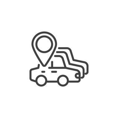 Filo Yönetim çizgisi simgesi. Mobil konsept ve web tasarımı için araç ve harita pin işareti. Filo izleme ve yönetim ana hatları vektör simgesi. Sembol, logo çizimi. Vektör grafikleri