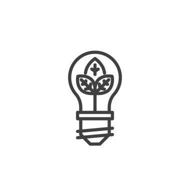 Enerji Verimliliği çizgisi simgesi. Mobil konsept ve web tasarımı için doğrusal biçim işareti. Bitki dış hatlı vektör ikonlu ampul. Yeşil enerji sembolü, logo çizimi. Vektör grafikleri
