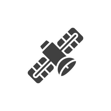 Uydu vektör simgesi. Mobil konsept ve web tasarımı için düz tabela. Uydu sembolü simgesi. Uzaktan izleme sembolü, logo illüstrasyonu. Vektör grafikleri