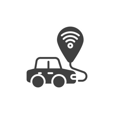 Vehicle with map pin and wireless signal vector icon. filled flat sign for mobile concept and web design. Vehicle Telematics Technology glyph icon. Symbol, logo illustration. Vector graphics clipart